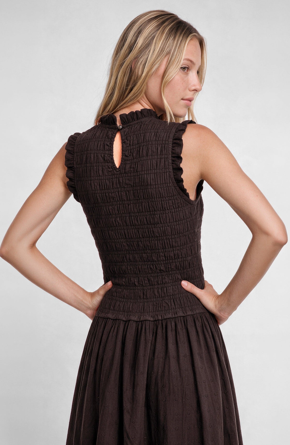 Brown Sleeveless Smocked Dress