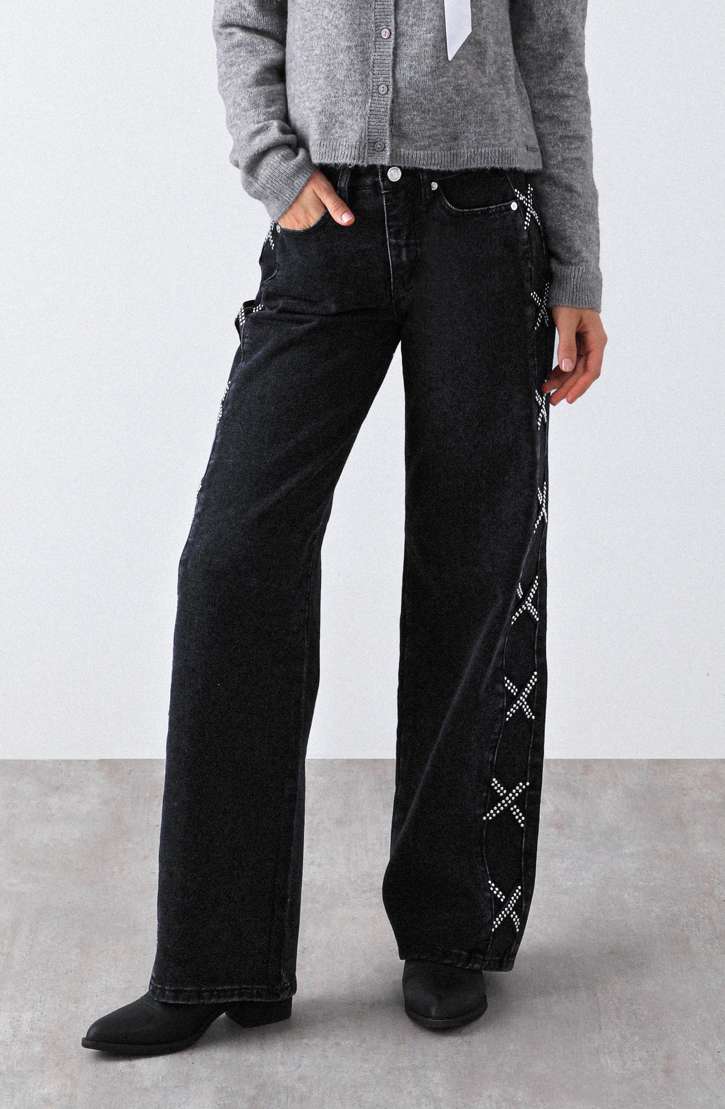 Black Side Stripe Studded Pants