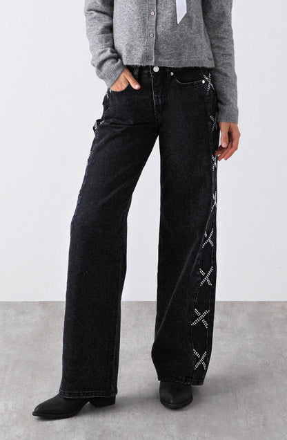Black Side Stripe Studded Pants