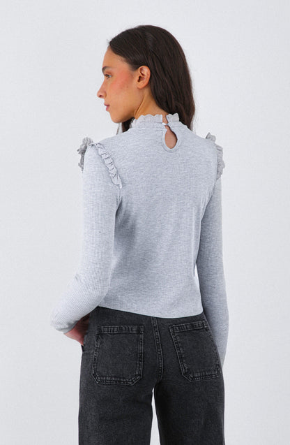 Gray Long Sleeve T-Shirt with Ruffles