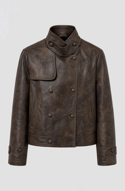 Brown Funnel Neck PU Jacket