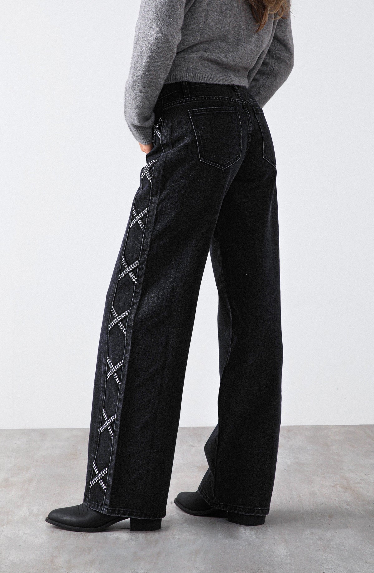 Black Studded Side-Stripe Pants