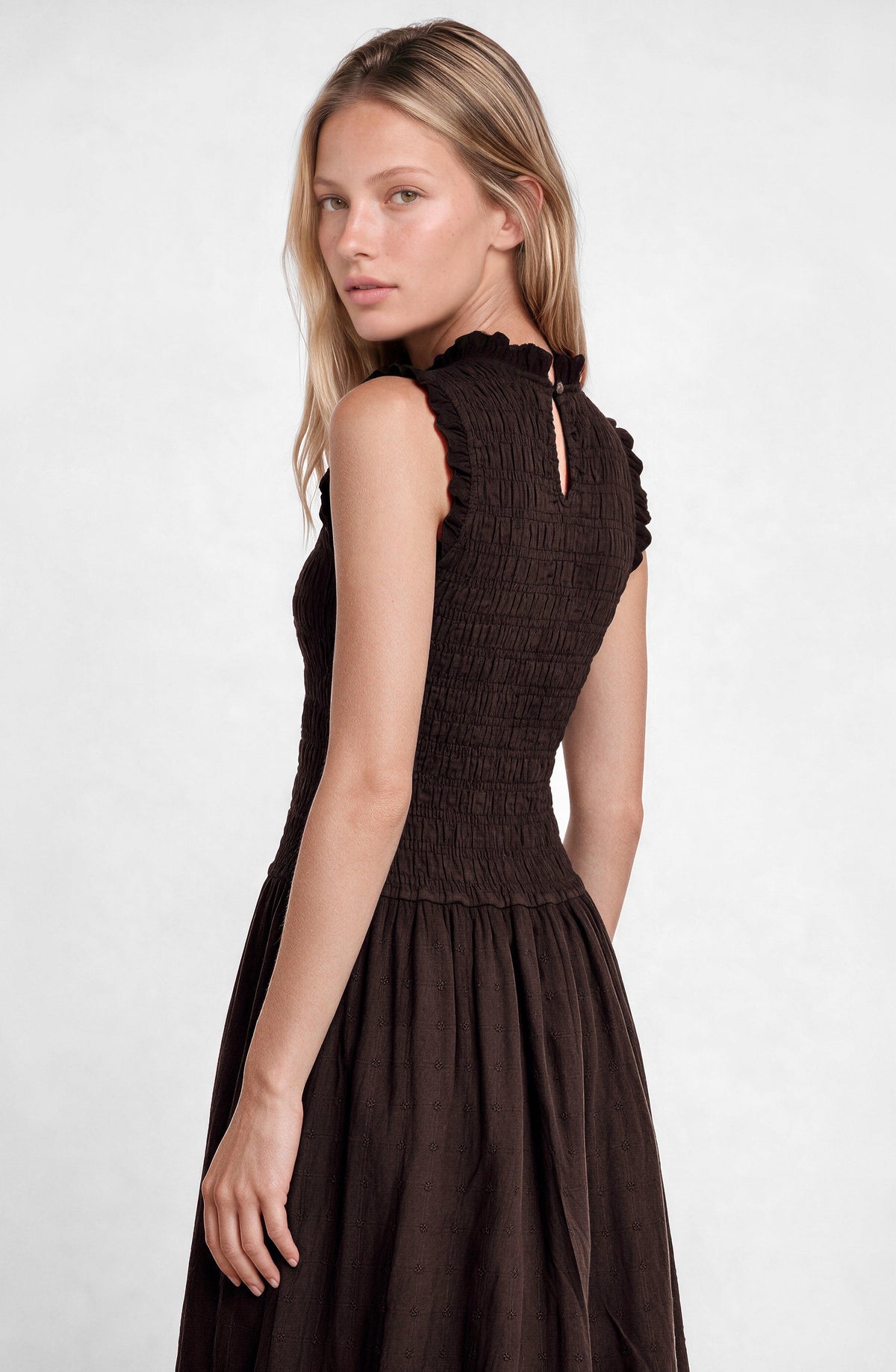 Brown Sleeveless Smocked Dress
