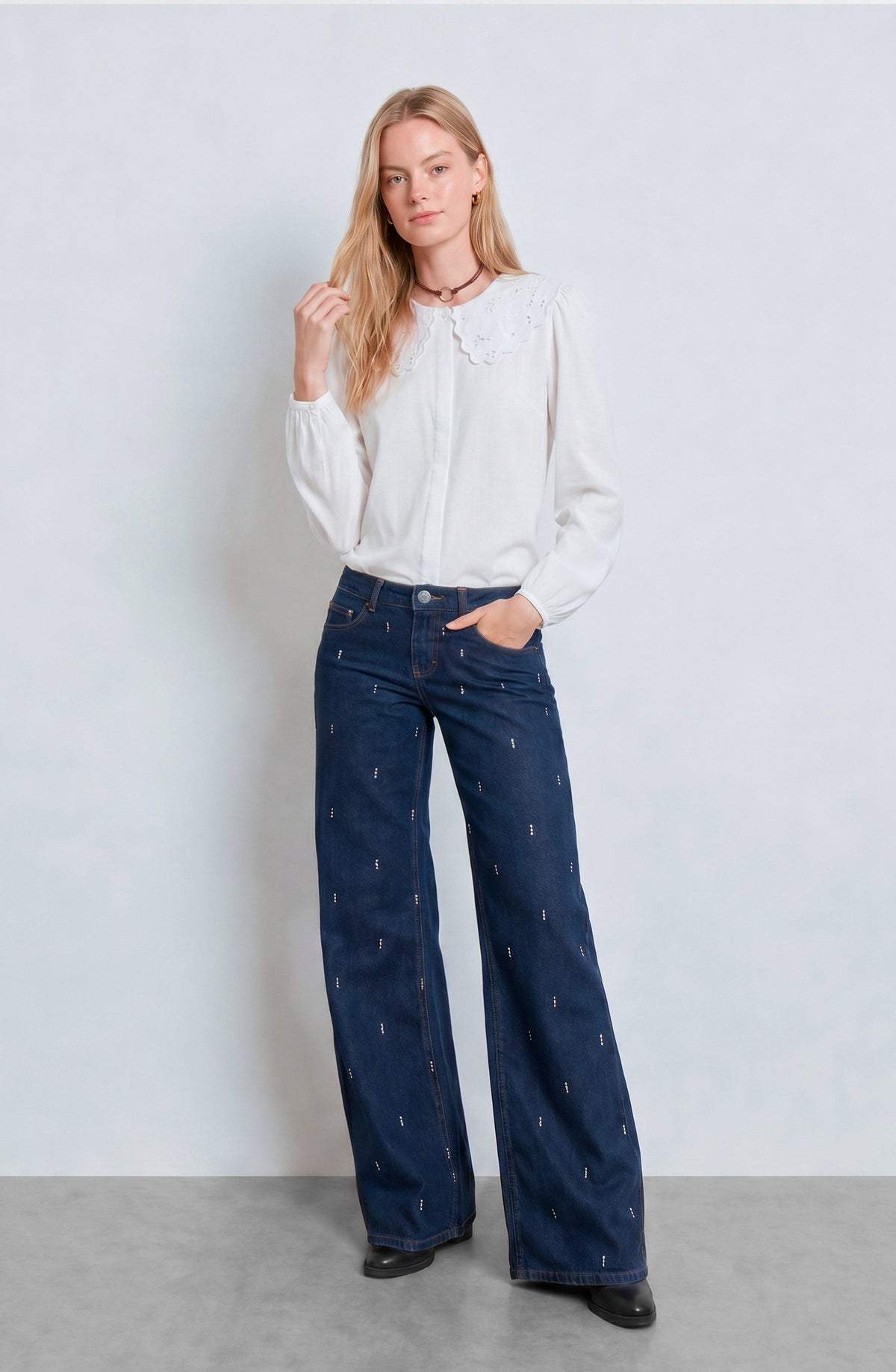 White Embroidered Peter Pan Collar Blouse