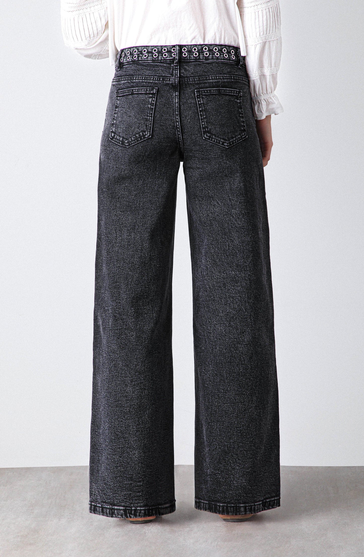 Wide Leg Pants with Eyelet Waistband Black