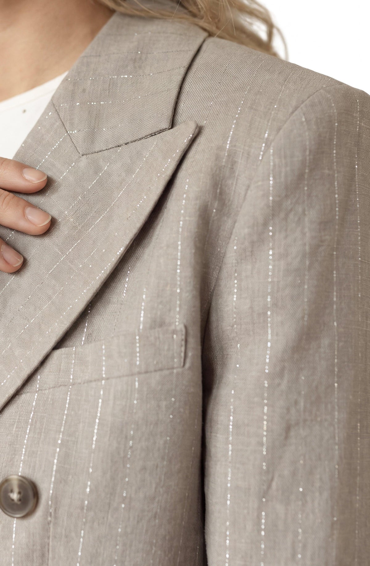 Cropped Beige Lurex Striped Blazer