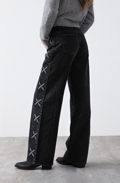 Black Side Stripe Studded Pants