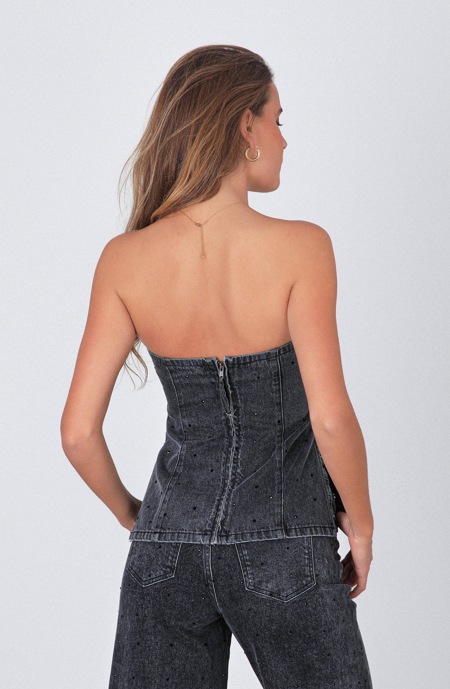 Black Strapless Rhinestone Top
