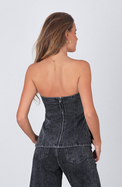 Black Strapless Rhinestone Top