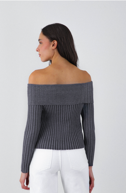 Gray Knit Shoulder T-Shirt