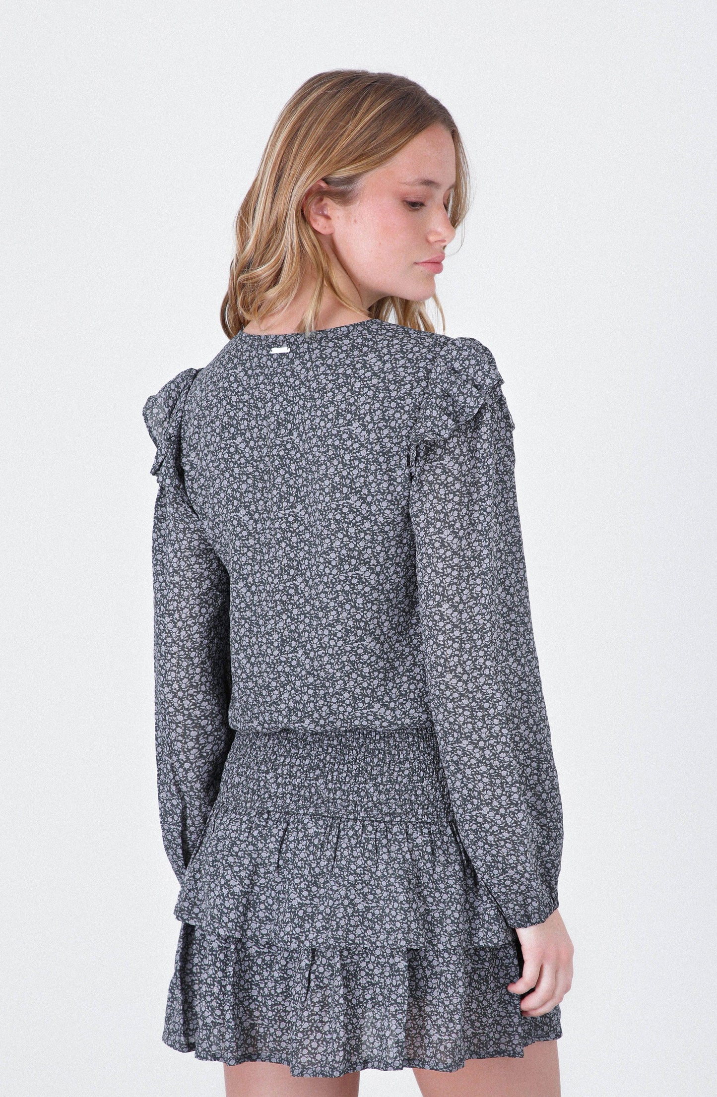 Grey Lurex Printed Flowy Blouse