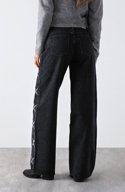 Black Side Stripe Studded Pants