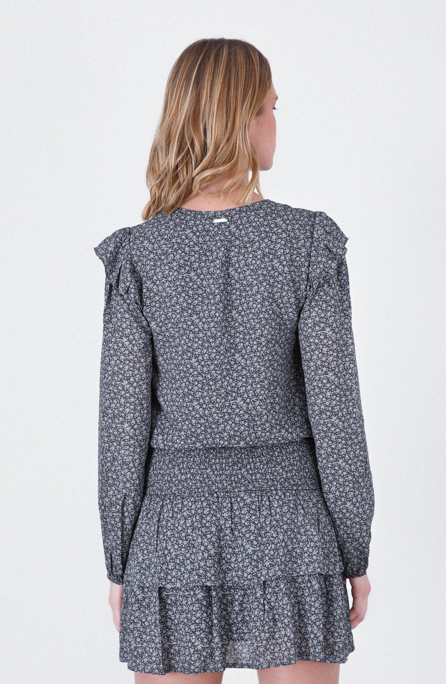 Grey Lurex Printed Flowy Blouse