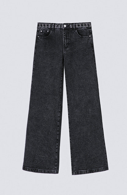 Wide Leg Pants with Eyelet Waistband Black