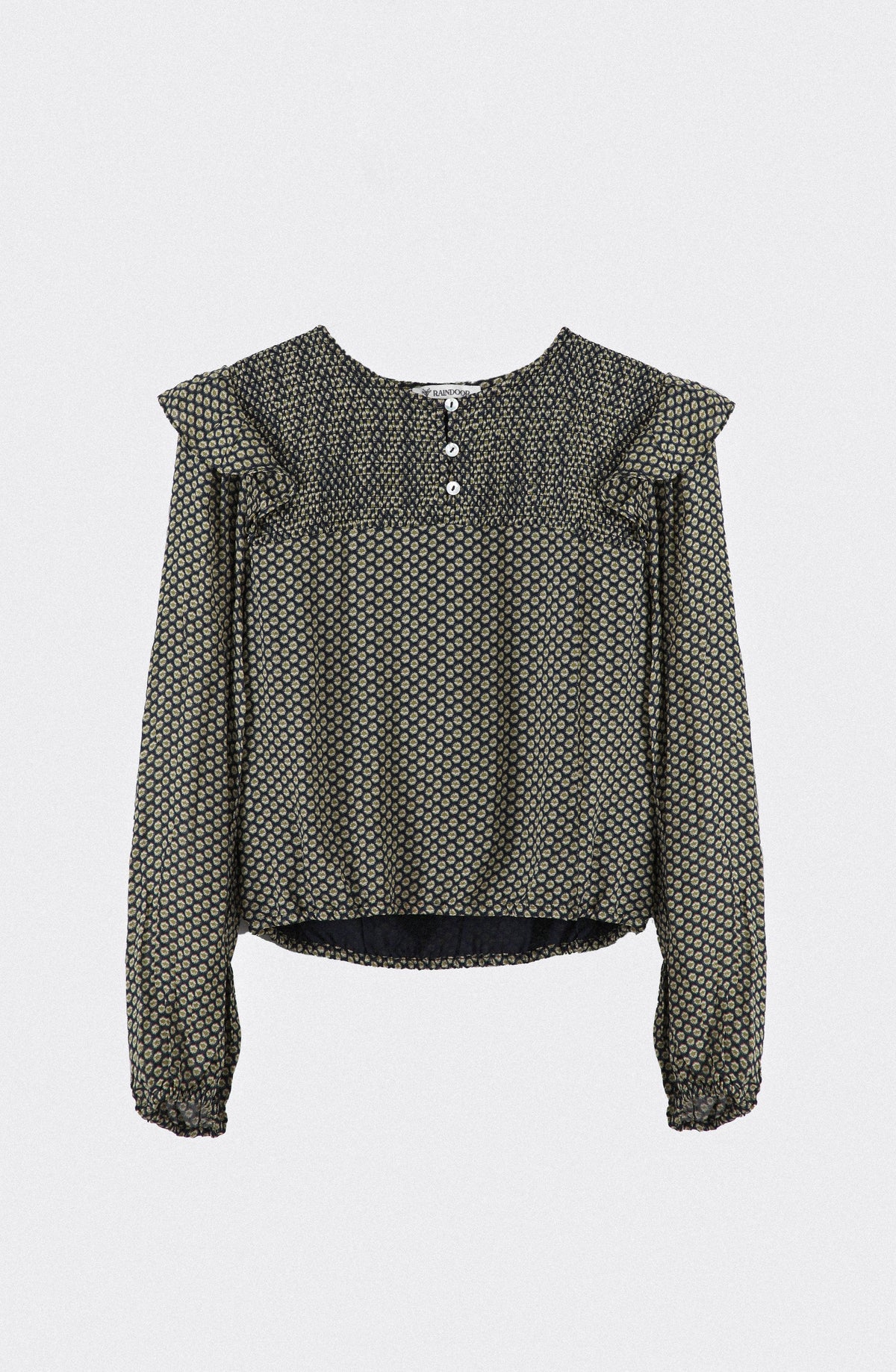Navy Printed Lurex Ruffle Blouse