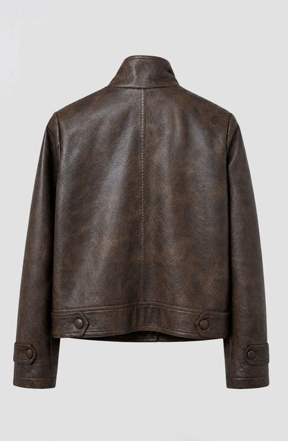 Brown Funnel Neck PU Jacket