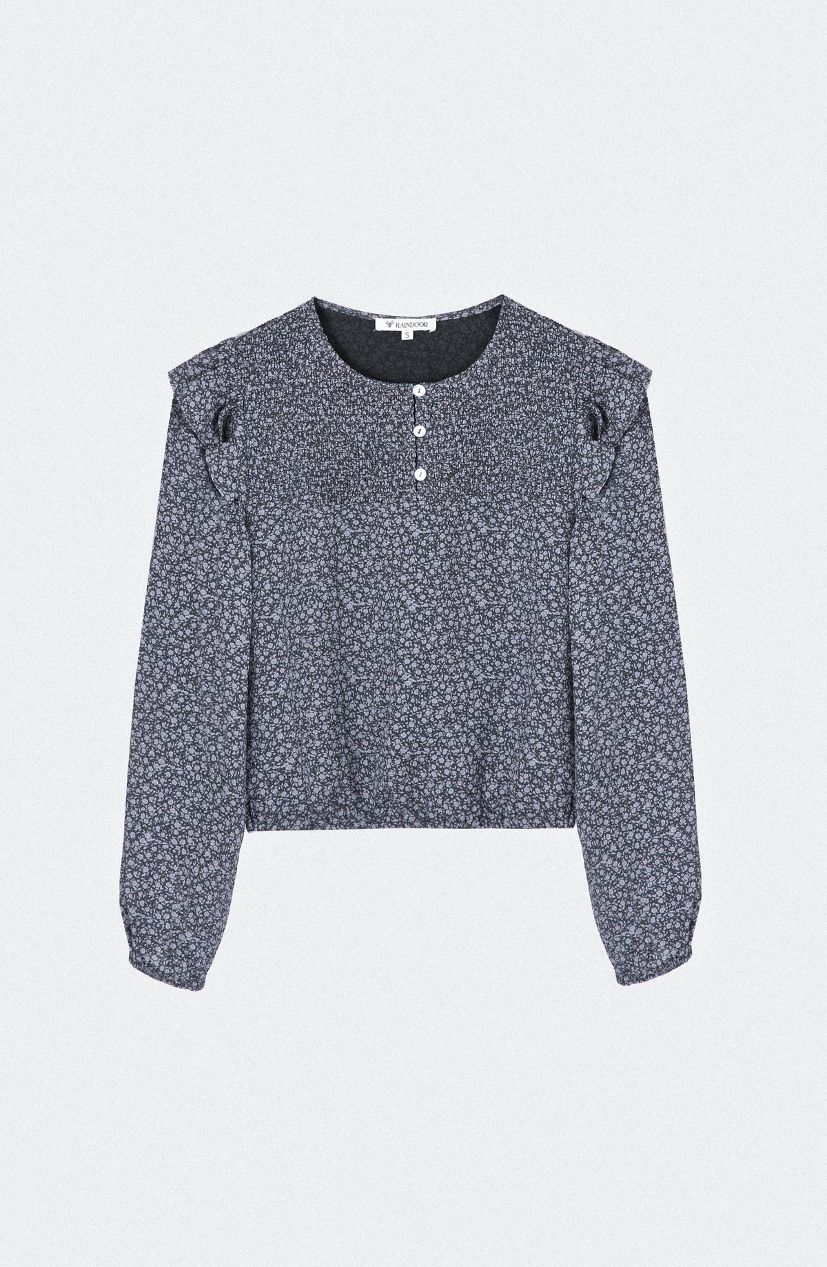Gray Printed Lurex Ruffle Blouse